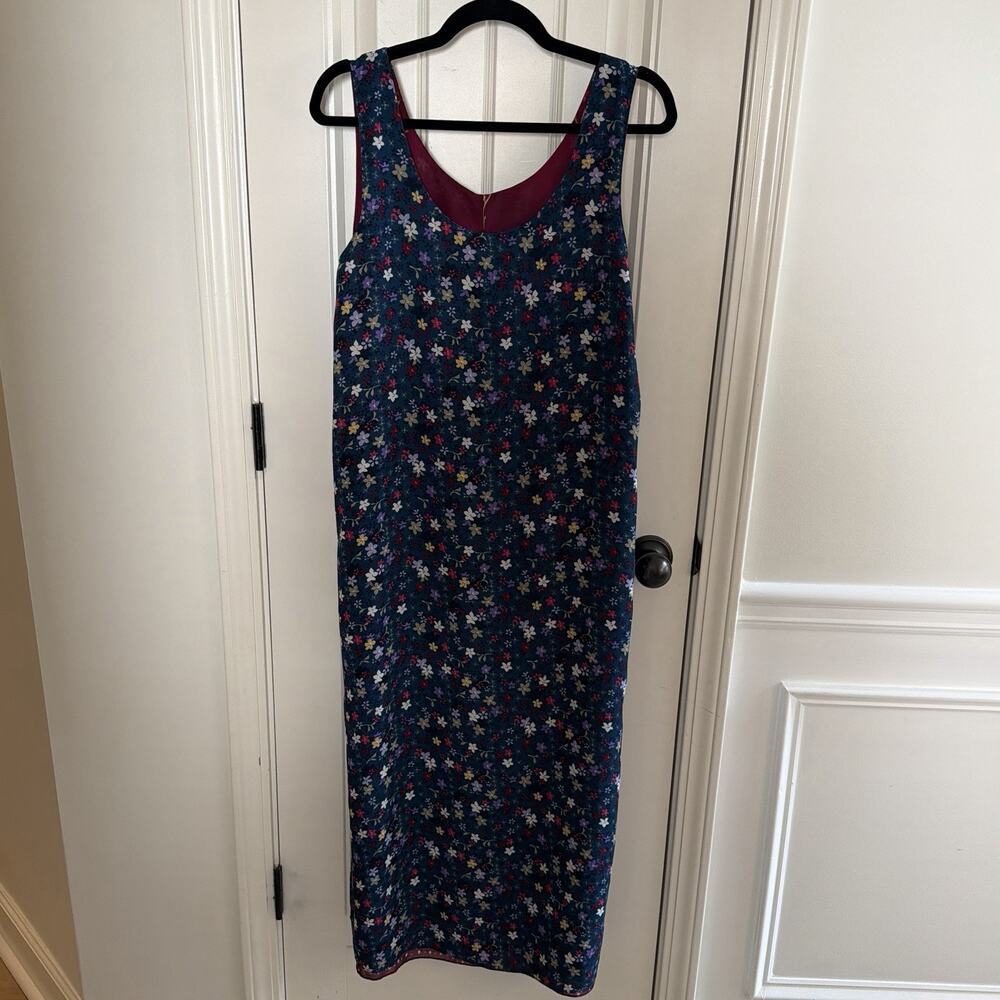 Women's Vintage 90s Reversible Floral Maroon & Blue Midi Dress - Picture 13 of 16